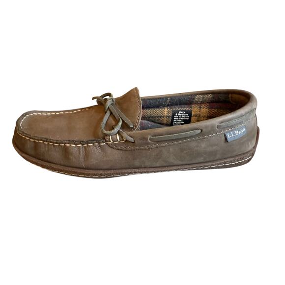 LL Bean Handsewn Leather Slippers Flannel Lined 8 - Picture 2 of 7